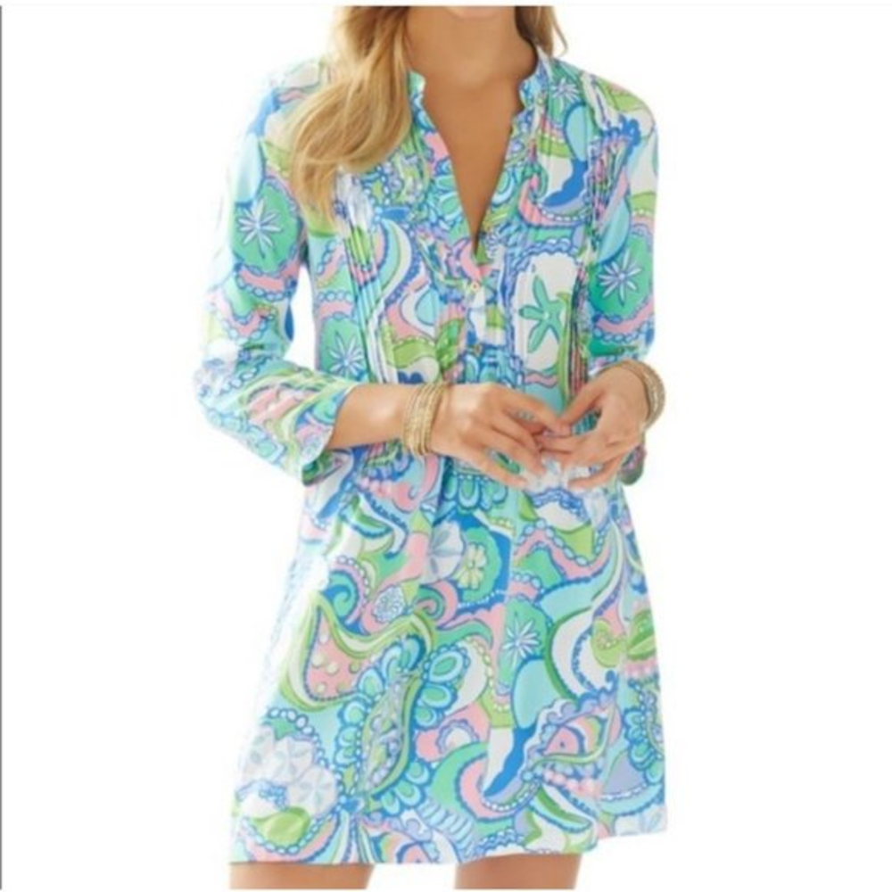 Lilly Pulitzer‎ Sarasota Pintucked Tunic Dress Mini Multi Conch Blue XS